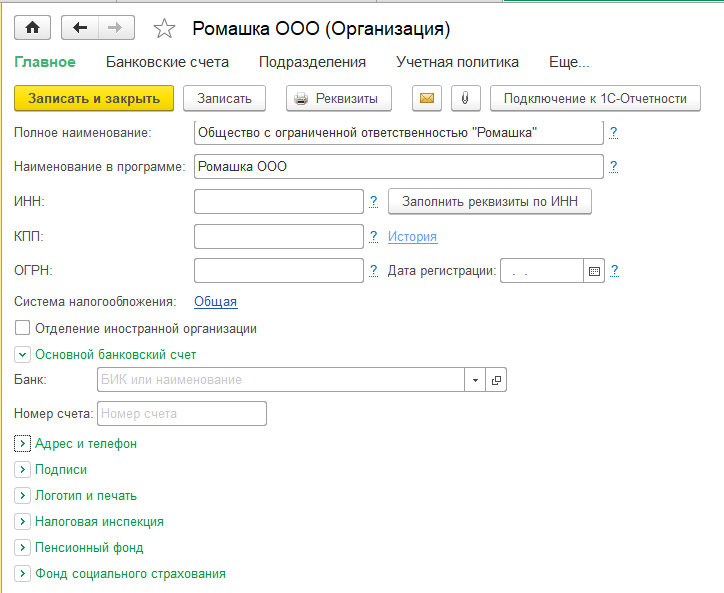 Ввод реквизитов организации