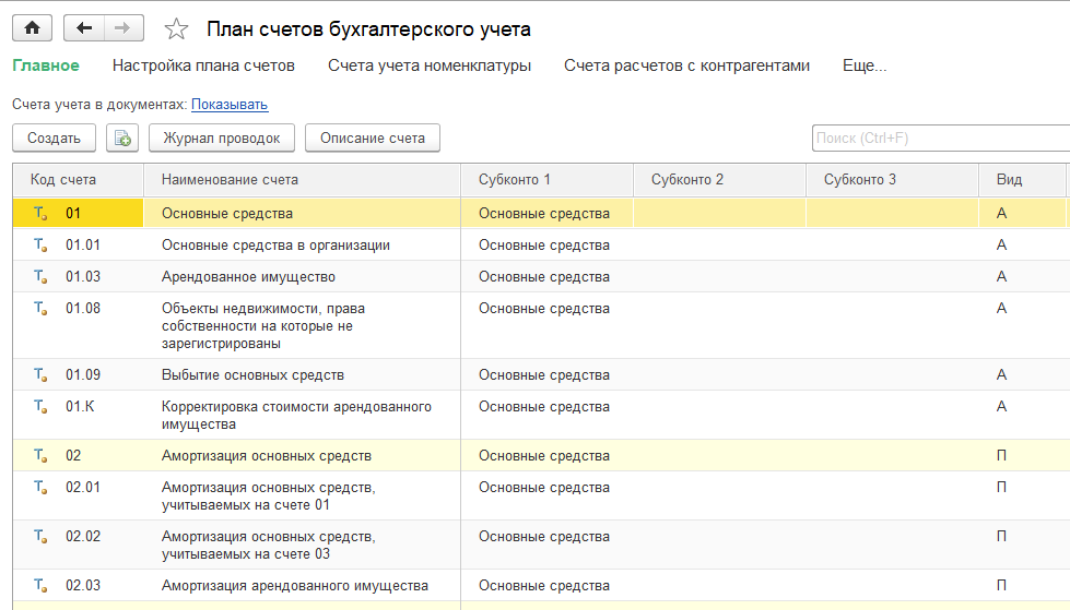 Настройка плана счетов